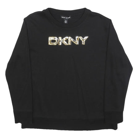 DKNY Womens Black Cotton Blend Crew Neck S Sweatshirt Logo Embellished Pullover