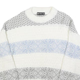 ST MICHAELS Womens White Grey & Blue Patterned Chunky Knit Crew Neck Jumper M