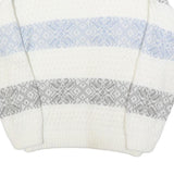 ST MICHAELS Womens White Grey & Blue Patterned Chunky Knit Crew Neck Jumper M