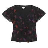 KAREN MILLEN Womens Black Red & Purple Printed Top Short Sleeve V-Neck UK 8 Silk