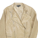 TOUT TOUT Womens Beige Faux Leather Moto Jacket L Zip Biker Slim Fit Stylish