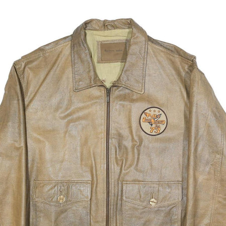 PEPE JEANS Mens Beige Leather Bomber Jacket L Plain Zip Pocket Stylish