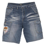 ANDY PAUL Mens Blue Denim Cargo Shorts L W36 Embroidered Lion Patch
