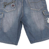 ANDY PAUL Mens Blue Denim Cargo Shorts L W36 Embroidered Lion Patch
