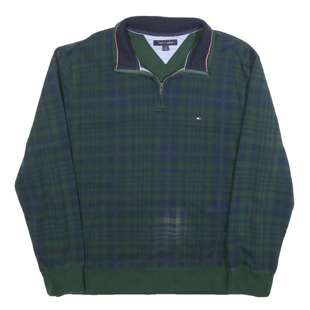 TOMMY HILFIGER Mens Green & Navy Check 1/4 Zip Sweatshirt L Cotton Pullover