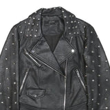 ZARA BASIC Womens Black Leather Studded Biker Jacket XS Embroidered Skull Patch