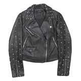 ZARA BASIC Womens Black Leather Studded Biker Jacket XS Embroidered Skull Patch