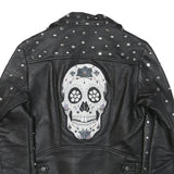 ZARA BASIC Womens Black Leather Studded Biker Jacket XS Embroidered Skull Patch