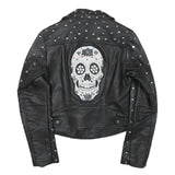 ZARA BASIC Womens Black Leather Studded Biker Jacket XS Embroidered Skull Patch