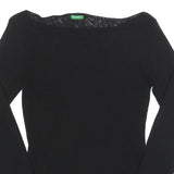BENETTON Girls Black Basic Long Sleeve Boat Neck Top L Nylon Slim Fit
