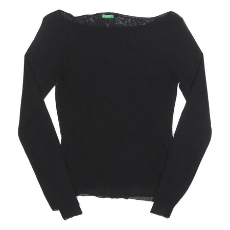 BENETTON Girls Black Basic Long Sleeve Boat Neck Top L Nylon Slim Fit