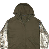 ZARA Womens Khaki & Silver Sequin Sleeve Hoodie Jacket XS Cotton Woven Zip