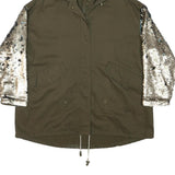 ZARA Womens Khaki & Silver Sequin Sleeve Hoodie Jacket XS Cotton Woven Zip