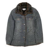 MARVIN RICHARDS Womens Blue Denim Jacket L Cotton Blend Button Faux Fur Collar