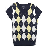 TOMMY HILFIGER Womens Blue Yellow White Patterned V-Neck Basic Knit M Cotton