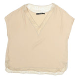ZARA Womens Beige Lace Trim Top Short Sleeve V-Neck S Lightweight