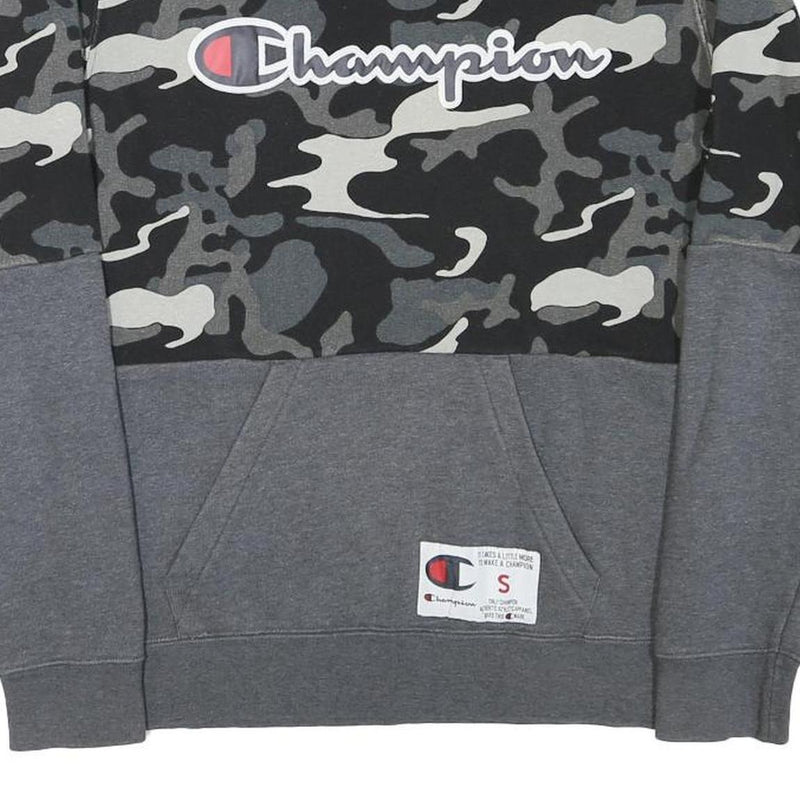 CHAMPION Mens Black & Grey Camouflage Logo Crew Neck S Cotton Blend Sweatshirt