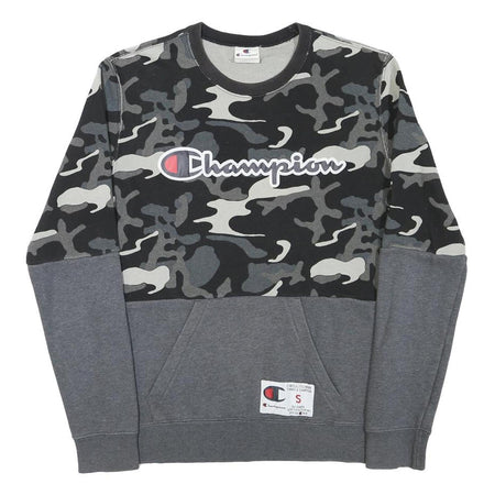 CHAMPION Mens Black & Grey Camouflage Logo Crew Neck S Cotton Blend Sweatshirt