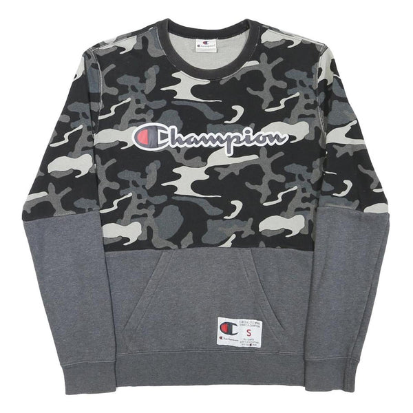 CHAMPION Mens Black & Grey Camouflage Logo Crew Neck S Cotton Blend Sweatshirt