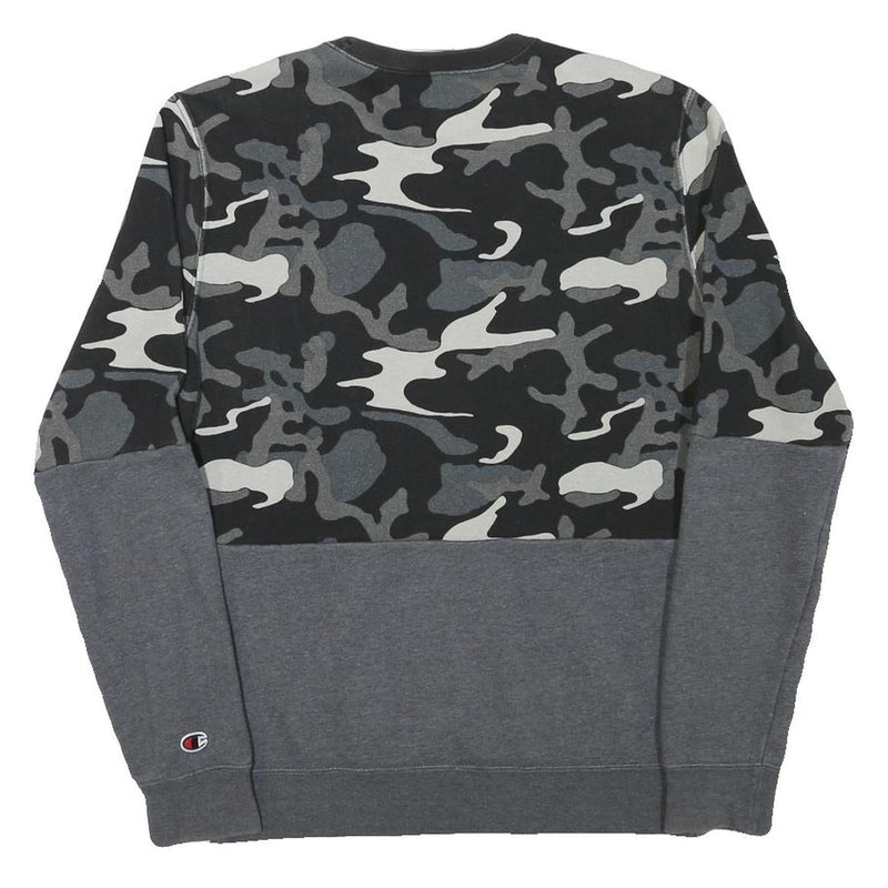 CHAMPION Mens Black & Grey Camouflage Logo Crew Neck S Cotton Blend Sweatshirt