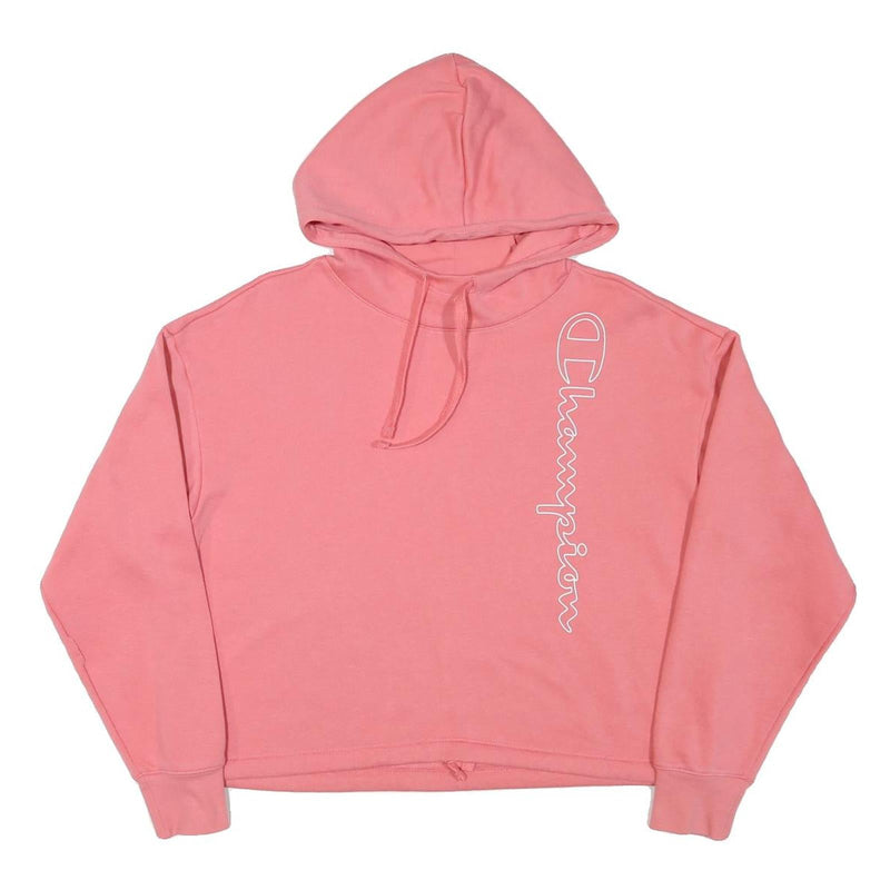 CHAMPION Womens Pink Cotton Blend Pullover Hoodie L Cropped Drawstring