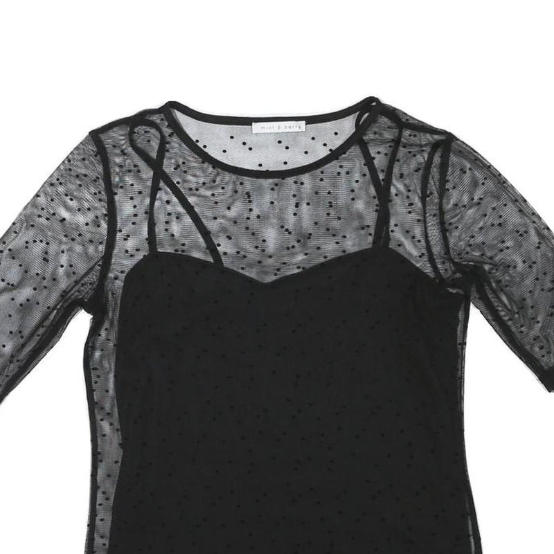 MINT BERRY Womens Black Sheer Mesh Polka Dot Cropped Top Short Sleeve Round Neck