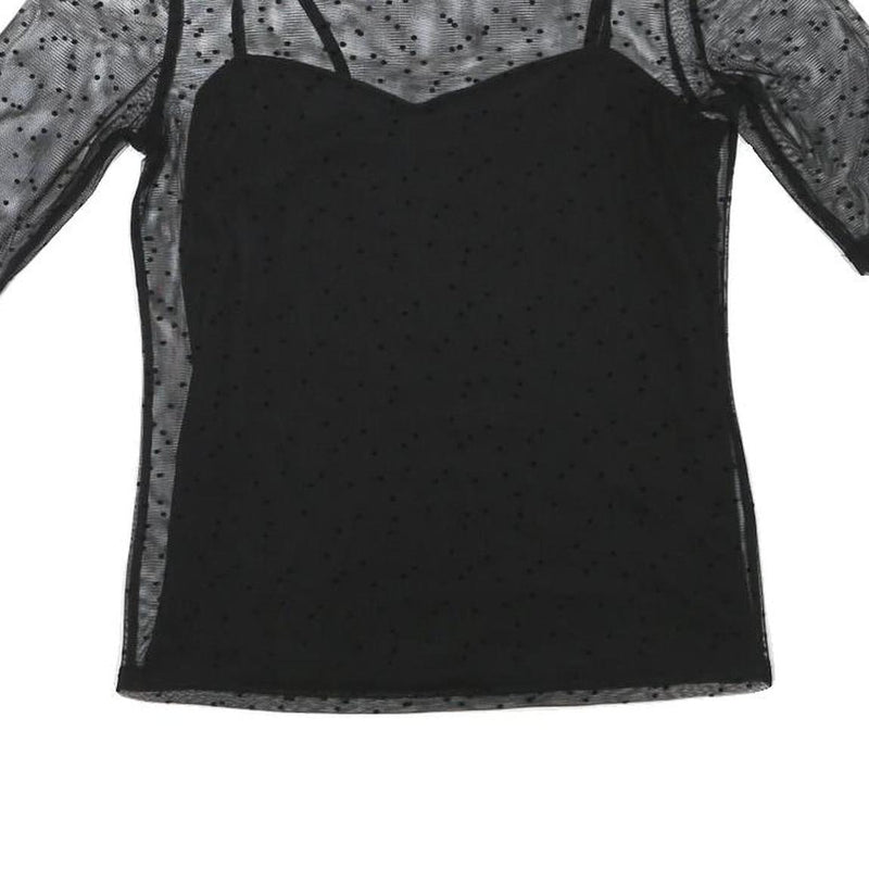 MINT BERRY Womens Black Sheer Mesh Polka Dot Cropped Top Short Sleeve Round Neck