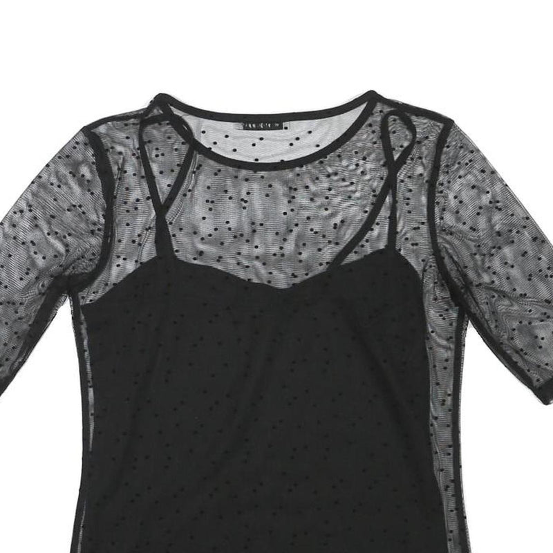 MINT BERRY Womens Black Sheer Mesh Polka Dot Cropped Top Short Sleeve Round Neck