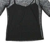 MINT BERRY Womens Black Sheer Mesh Polka Dot Cropped Top Short Sleeve Round Neck