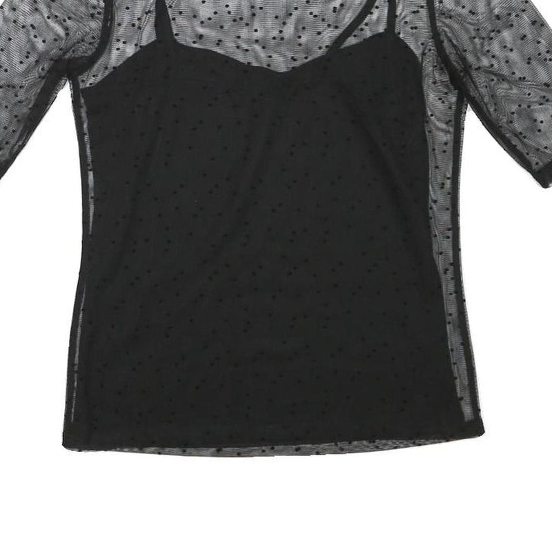 MINT BERRY Womens Black Sheer Mesh Polka Dot Cropped Top Short Sleeve Round Neck