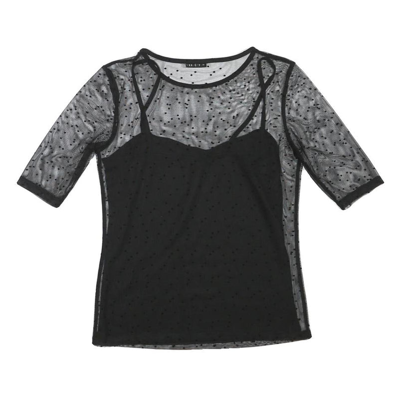 MINT BERRY Womens Black Sheer Mesh Polka Dot Cropped Top Short Sleeve Round Neck