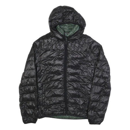 TOMMY HILFIGER Mens Black & Green Puffer Jacket S Nylon Hooded Zip