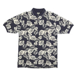 BUGLE BOY Mens Navy & Cream Leaf Print Short Sleeve Polo Shirt L Cotton Blend