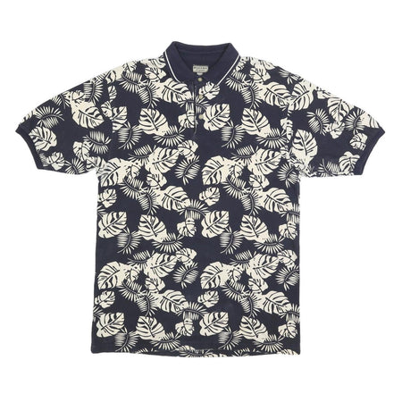 BUGLE BOY Mens Navy & Cream Leaf Print Short Sleeve Polo Shirt L Cotton Blend