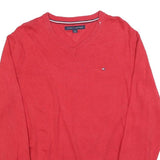 TOMMY HILFIGER Mens Red Plain Pullover V-Neck Basic Knit L Cotton Jumper