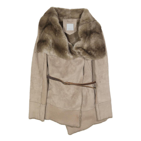 PINKO Womens Beige Faux Fur Collar Draped Jacket UK 8 Polyester Button Closure