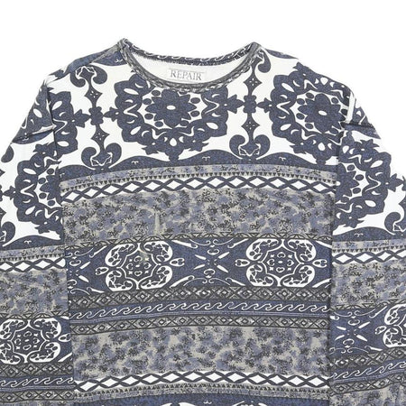 REPAIR BY JELMOLI Womens Blue & White Patterned Crew Neck Sweatshirt S Cotton