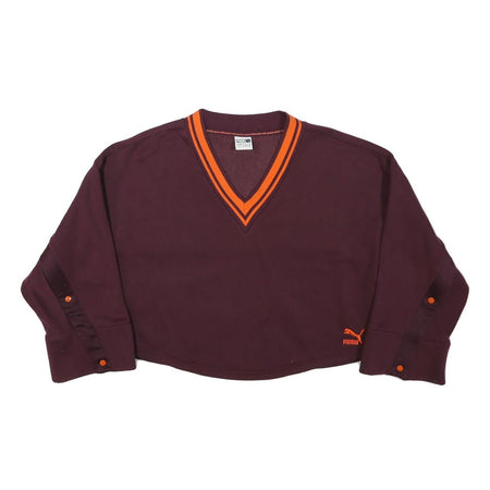PUMA Womens Maroon & Orange V-Neck S Sweatshirt Cotton Blend Casual Pullover
