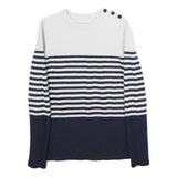 JIGSAW Womens White & Navy Striped Plain Wool Crew Neck Basic Knit S Button