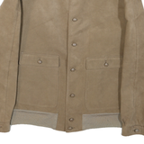 Womens Beige Coach Suede Button Jacket L Woven Plain Long Sleeve Band Collar