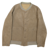 Womens Beige Coach Suede Button Jacket L Woven Plain Long Sleeve Band Collar