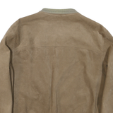 Womens Beige Coach Suede Button Jacket L Woven Plain Long Sleeve Band Collar