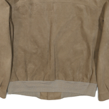 Womens Beige Coach Suede Button Jacket L Woven Plain Long Sleeve Band Collar