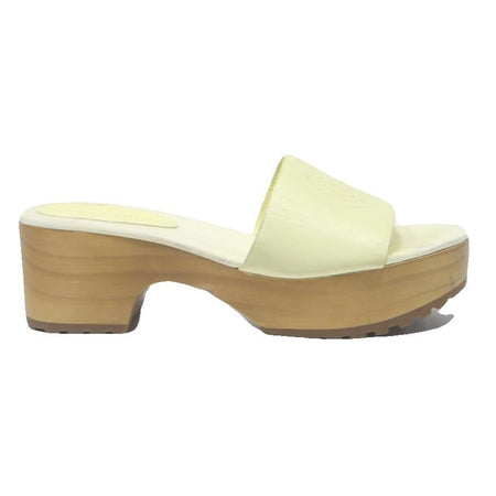 TOMMY HILFIGER Womens Platform Mule Sandals Leather UK 7 Cream Yellow Summer