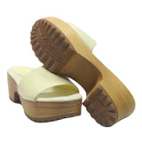 TOMMY HILFIGER Womens Platform Mule Sandals Leather UK 7 Cream Yellow Summer