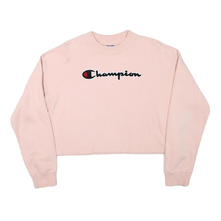 CHAMPION Womens Pink Cropped Crew Neck Sweatshirt XL Embroidered Logo Casual