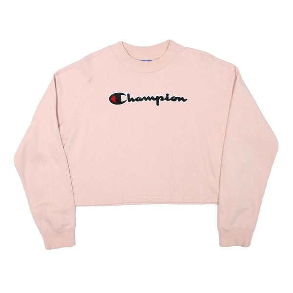 CHAMPION Womens Pink Cropped Crew Neck Sweatshirt XL Embroidered Logo Casual