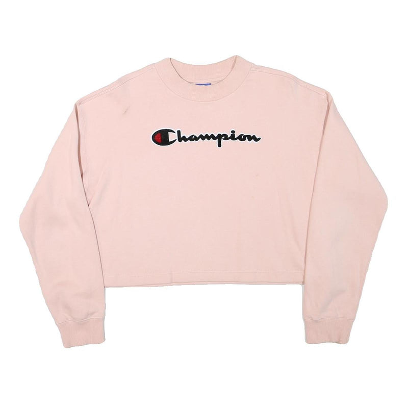 CHAMPION Womens Pink Cropped Crew Neck Sweatshirt XL Embroidered Logo Casual