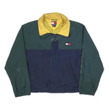 TOMMY HILFIGER Mens Green & Navy Blue Colourblock Jacket L Polyester Zip Logo