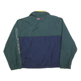 TOMMY HILFIGER Mens Green & Navy Blue Colourblock Jacket L Polyester Zip Logo